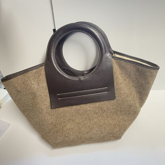 HEREU Studio Cala S Tote Bag In Brown Leather Tan Fabric Rare - Picture 9 of 10